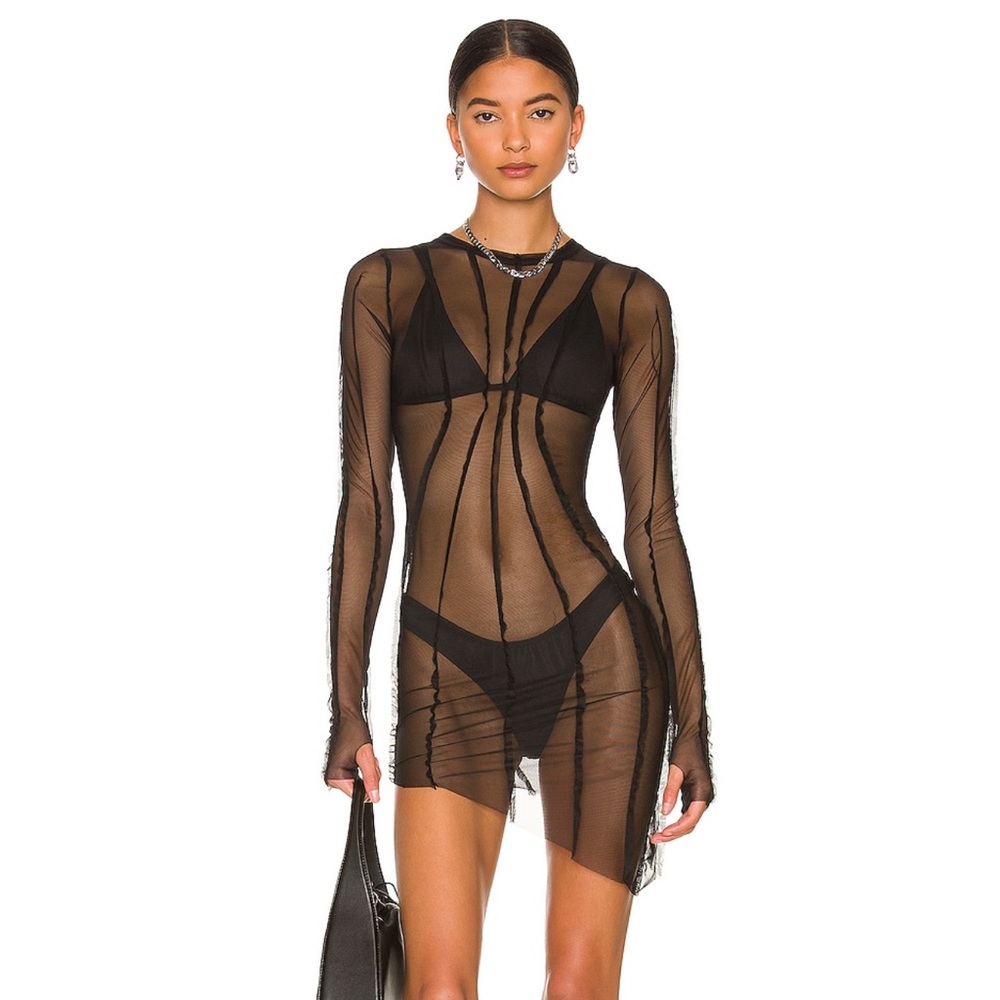 SAMI MIRO VINTAGE ASYMMETRICAL LONG SLEEVE MINI DRESS IN BLACK MESH SIZE XS